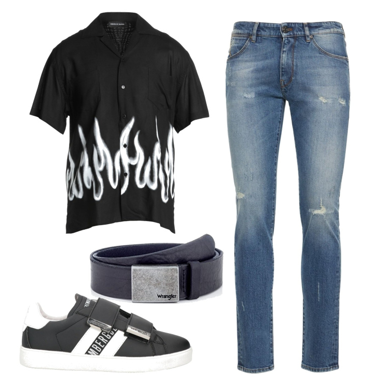Outfit uomo - Jeans e maglia nera. Stile Casual per Serata speciale. Abbinamento con camicie a manica corta, sneakers, cinture, pantaloni.