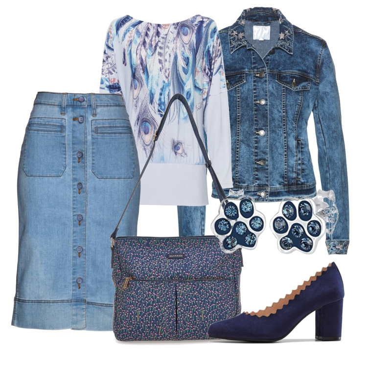 Outfit donna - La gonna di jeans. Stile Casual chic per Tutti i giorni. Abbinamento con gonne, maglieria, blazer, décolleté, borse a tracolla, orecchini.