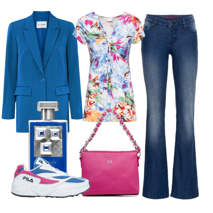 Outfit donna - Total look #1714976. Stile Trendy per Tutti i giorni. Abbinamento con maglieria, jeans bootcut, blazer, sneakers, profumi, borse a tracolla.