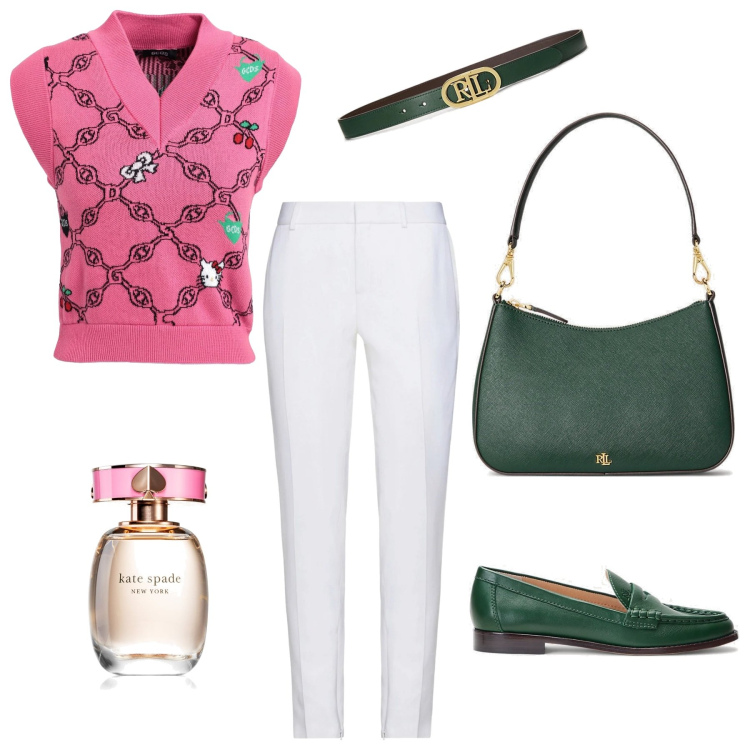 Outfit donna - Fine estate. Stile Trendy per Tutti i giorni. Abbinamento con pullovers, pantaloni, profumi, mocassini, borse a tracolla, cinture.