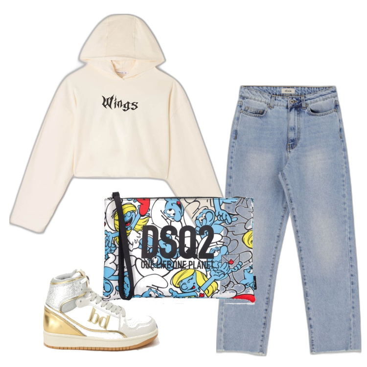 Outfit donna - Total look #1715090. Stile Casual per Scuola/Università. Abbinamento con felpe con cappuccio, sneakers alte, jeans dritti, pochette.