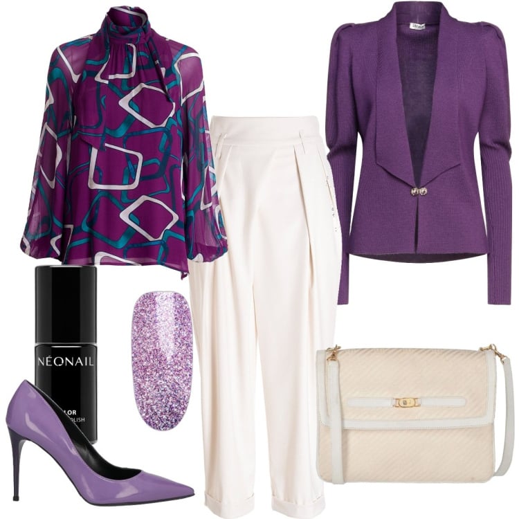 Outfit donna - Battesimo a settembre. Stile Chic per Cerimonia. Abbinamento con cardigans, borse a tracolla, décolleté, smalti, bluse, pantaloni.