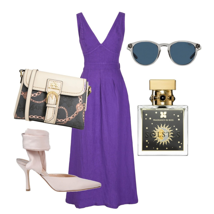 Outfit donna - Il colore viola. Stile Romantica per Cerimonia. Abbinamento con vestiti midi/longuette, décolleté, borse a tracolla, profumi, occhiali da sole.