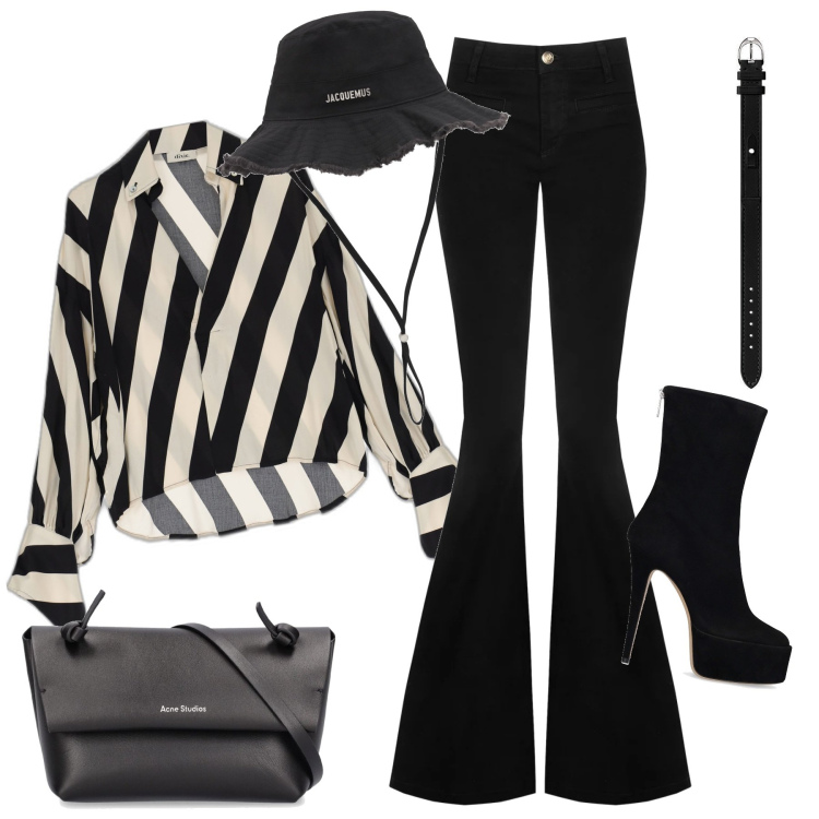 Outfit donna - Black. Stile Glamour per Tutti i giorni. Abbinamento con camicie, jeans a zampa, orologi, cappelli, stivaletti, borse a spalla.