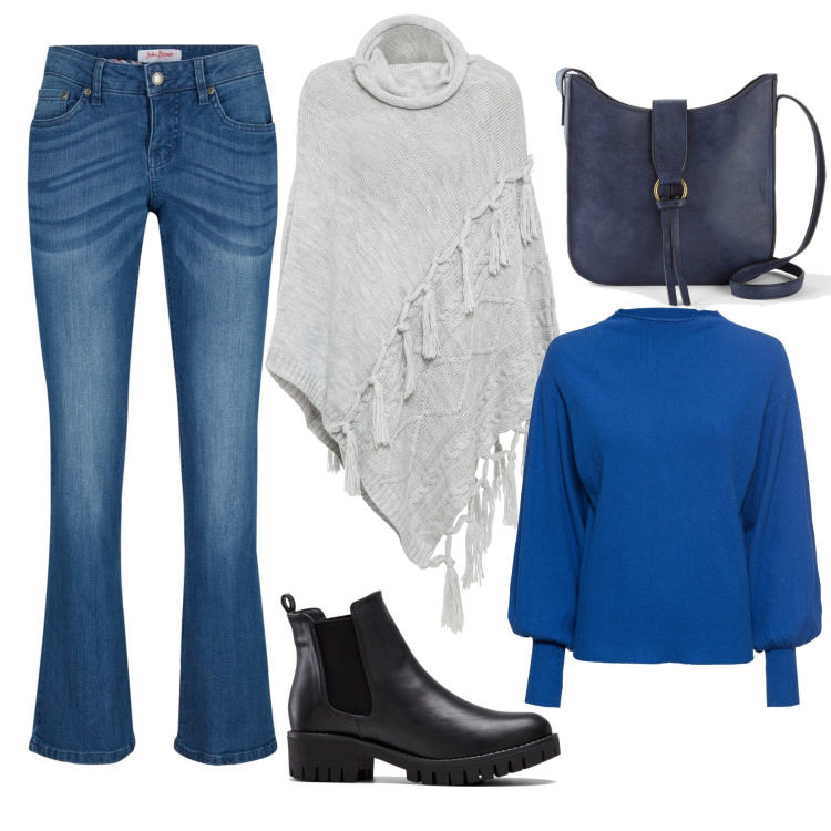 Outfit donna - Total look #1715195. Stile Glamour per Ufficio. Abbinamento con maglieria, jeans bootcut, stivaletti chelsea, cappotti, borse a tracolla.