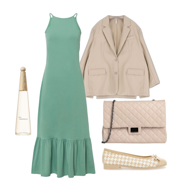 Outfit donna - Ghost outfitter - settembre. Stile Trendy per Tutti i giorni. Abbinamento con vestiti lunghi, borse a tracolla, profumi, giacche, ballerine.