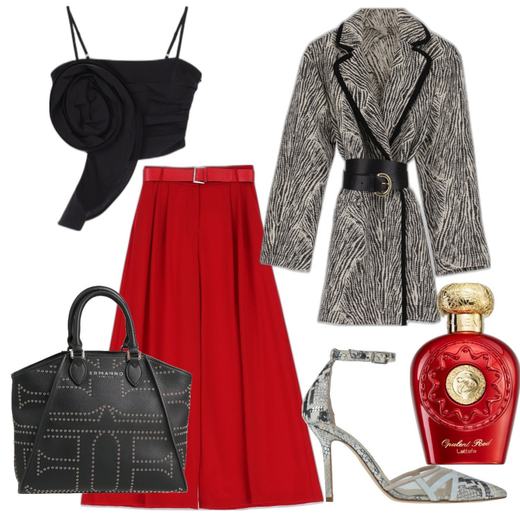 Outfit donna - Serata trendy. Stile Trendy per Serata fuori. Abbinamento con décolleté, borse a mano, profumi, cappotti, top, pantaloni a palazzo.