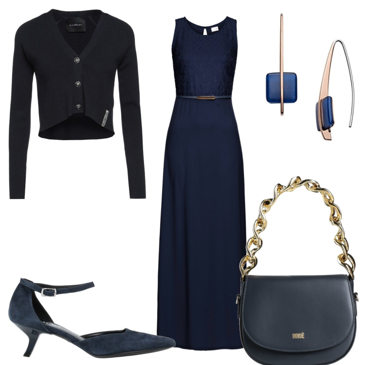 Outfit donna - Matrimonio in blu. Stile Chic per Cerimonia. Abbinamento con vestiti lunghi, cardigans, borse a mano, décolleté, orecchini.