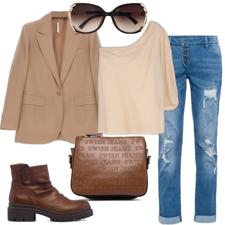 Outfit donna - Stivaletti e jeans. Stile Trendy per Tutti i giorni. Abbinamento con jeans boyfriend, occhiali da sole, giacche, camicie, stivaletti, borse a tracolla.