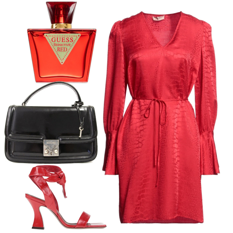 Outfit donna - Rosso. Stile Chic per Serata fuori. Abbinamento con vestiti corti, borse a mano, sandali in pelle, profumi.