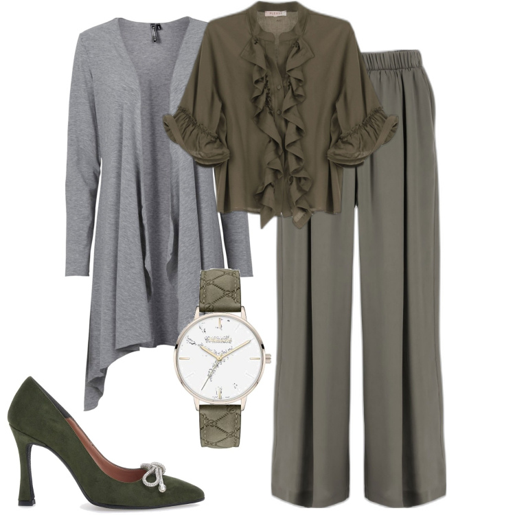 Outfit donna - Sfumature di verde. Stile Chic per Ufficio. Abbinamento con cardigans, pantaloni a palazzo, camicie, décolleté, orologi.