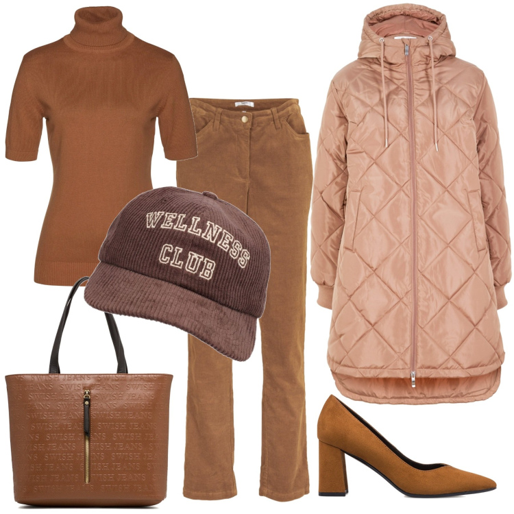 Outfit donna - Cacao amaro. Stile Casual per Tutti i giorni. Abbinamento con pantaloni, maglieria, giacche, décolleté, borse a spalla, cappelli.