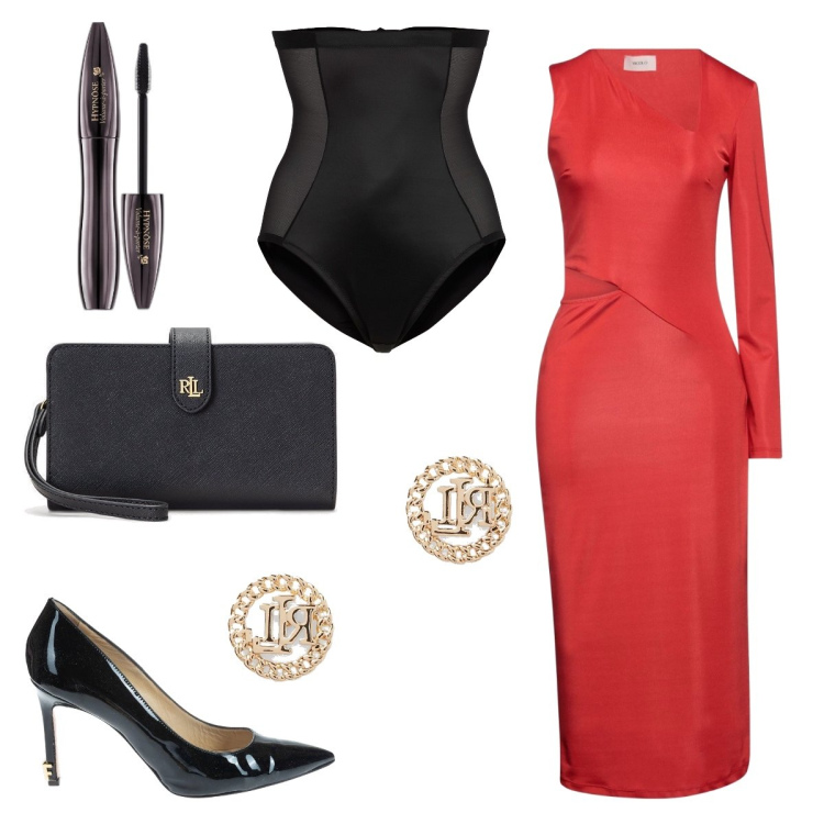 Outfit donna - Stasera….Ripasso!. Stile Casual chic per Serata fuori. Abbinamento con slip, vestiti midi/longuette, mascara, décolleté, pochette, orecchini.