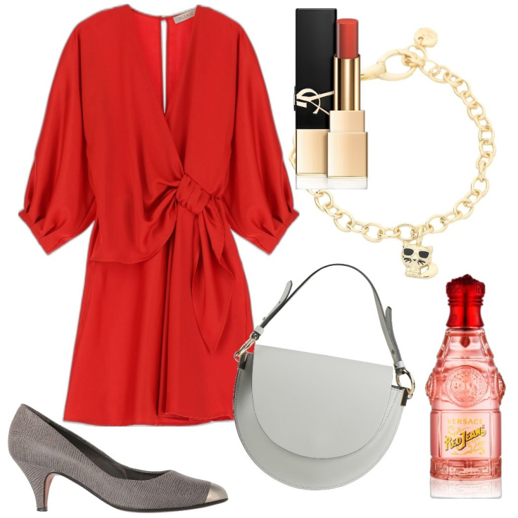 Outfit donna - Un calice di rosso. Stile Glamour per Serata fuori. Abbinamento con rossetti, profumi, borse a mano, braccialetti, décolleté, vestiti corti.
