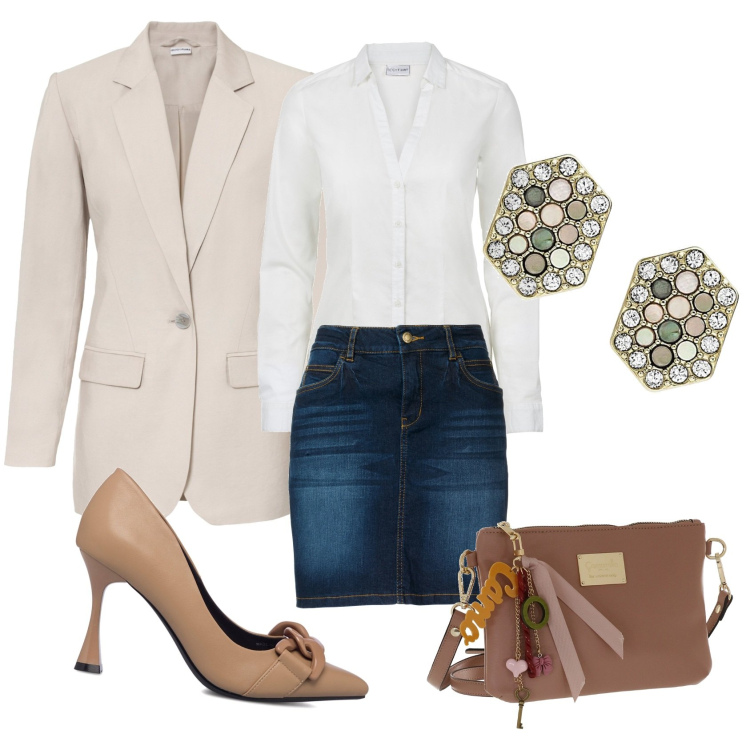 Outfit donna - Tacchi chic. Stile Casual chic per Scuola/Università. Abbinamento con gonne, camicie, blazer, décolleté, borse a tracolla, orecchini.