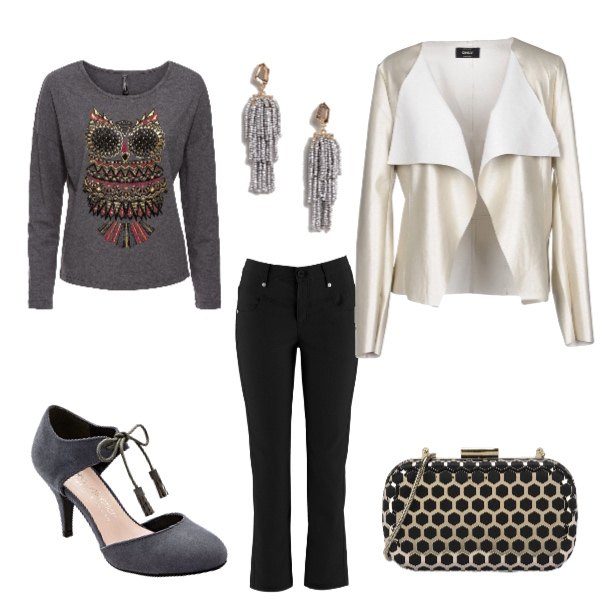 Outfit donna - Civetta portafortuna. Stile Trendy per Tutti i giorni. Abbinamento con pantaloni, maglia con stampa effetto metallizzato con scollo a maniche lunghe grigio, décolleté, giacca scollatura profonda a maniche lunghe interno sfoderato in pelle sintetica tinta unita, borsa a mano petit a scatto interno foderato in raso tinta unita, orecchini pendenti farfalla con perline e nappine oro.