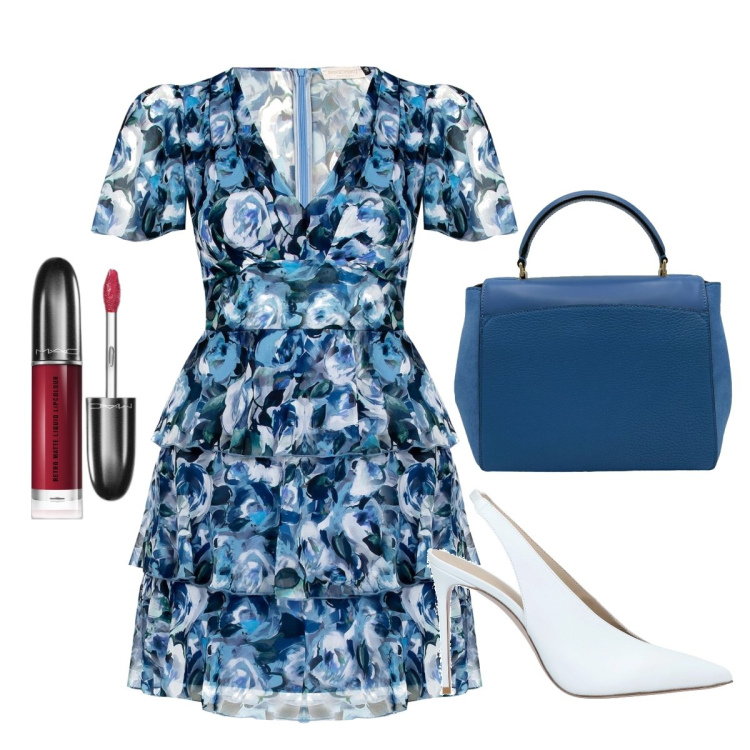Outfit donna - Bluette Day. Stile Trendy per Tutti i giorni. Abbinamento con décolleté, borse a mano, rossetti, vestiti corti.