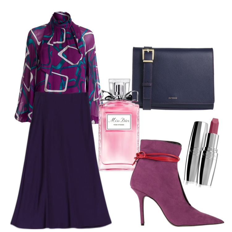 Outfit donna - La gonna viola. Stile Chic per Ufficio. Abbinamento con stivaletti, borse a tracolla, profumi, rossetti, gonne longuette, bluse.