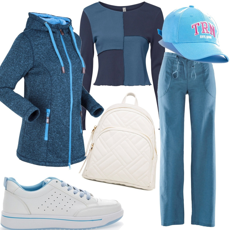 Outfit donna - Al lavoro. Stile Casual per Ufficio. Abbinamento con pantaloni a palazzo, blazer, maglieria, cappelli, zaini, sneakers.