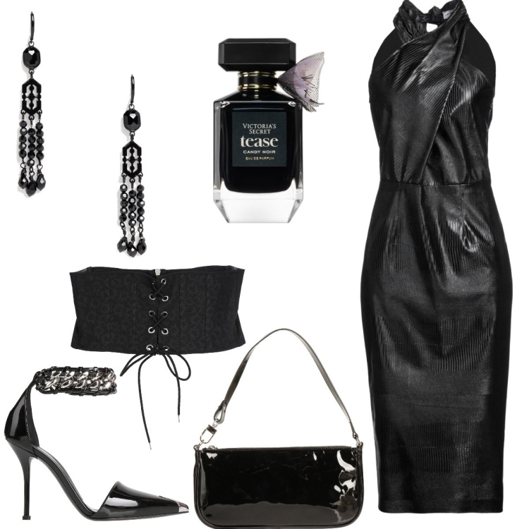 Outfit donna - Total look #1715553. Stile Sexy per Serata fuori. Abbinamento con vestiti midi/longuette, décolleté, cinture, borse a mano, profumi, orecchini.