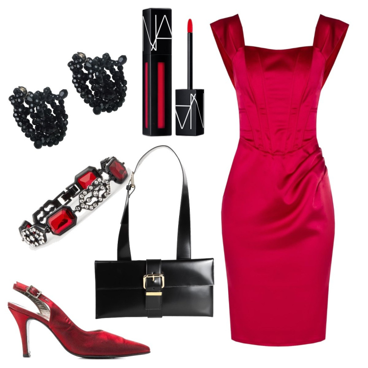 Outfit donna - Total look #1715558. Stile Glamour per Serata fuori. Abbinamento con décolleté, borse a spalla, orecchini, rossetti, vestiti a tubino, braccialetti.