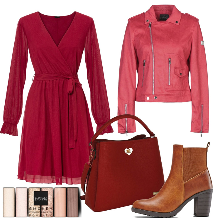 Outfit donna - Rosso come un bicchiere di vino. Stile Trendy per Tutti i giorni. Abbinamento con vestiti, stivaletti, giacche, ombretti, borse a secchiello.