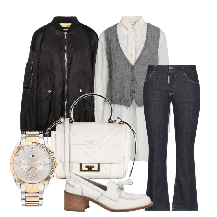 Outfit donna - Ghost outfitter - settembre. Stile Trendy per Ufficio. Abbinamento con mocassini, camicie, borse a mano, jeans, giacche, orologi analogici.