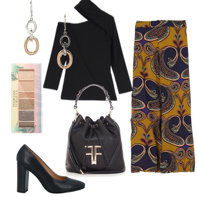 Outfit donna - I pantaloni multicolore. Stile Vintage retrò per Serata fuori. Abbinamento con décolleté, ombretti, borse a secchiello, maglieria, pantaloni a palazzo, orecchini.