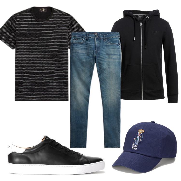 Outfit uomo - Total look #1715616. Stile Trendy per Tutti i giorni. Abbinamento con felpe con cappuccio, t-shirt, sneakers, jeans, cappelli.