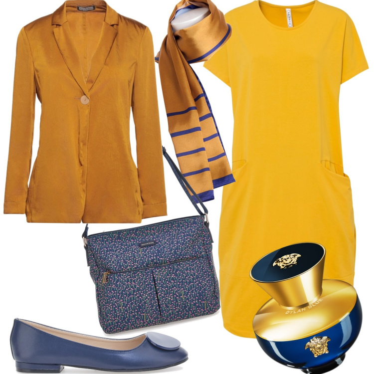 Outfit donna - Al lavoro. Stile Casual per Ufficio. Abbinamento con vestiti, blazer, profumi, foulard, ballerine, borse a tracolla.