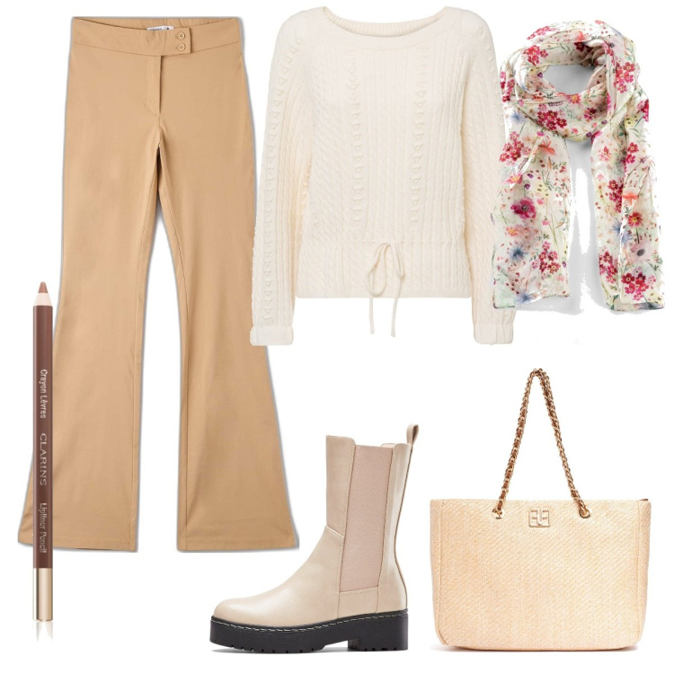 Outfit donna - Fashion con uno spumantino. Stile Casual per Tutti i giorni. Abbinamento con foulard, stivali, maglieria, matite labbra, pantaloni, borse a spalla.