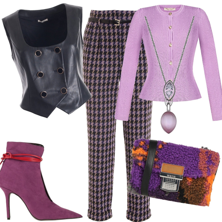 Outfit donna - A pranzo. Stile Casual per Tutti i giorni. Abbinamento con stivaletti, borse a tracolla, cardigans, gilet, pantaloni, ciondoli.