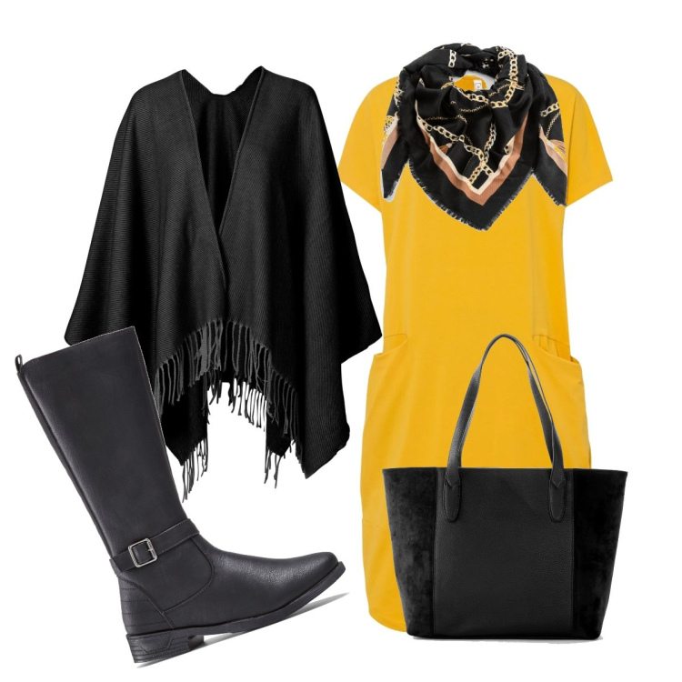 Outfit donna - L’abito giallo cargo. Stile Bon Ton per Tutti i giorni. Abbinamento con stivali, shopping bag, vestiti, cappotti, foulard.