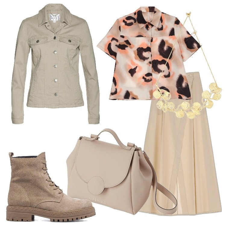 Outfit donna - La borsa perfetta. Stile Trendy per Tutti i giorni. Abbinamento con blazer, gonne lunghe, camicie a manica corta, collane, anfibi, borse a spalla.