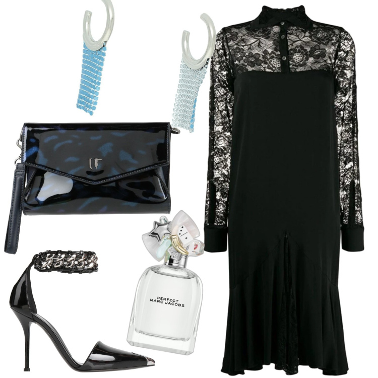 Outfit donna - Serata chic. Stile Chic per Serata fuori. Abbinamento con décolleté, vestiti chemisier, borse a mano, orecchini, profumi.