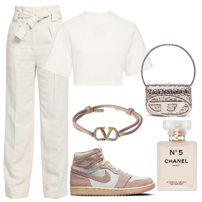 Outfit donna - Total look #1715871. Stile Trendy per Tutti i giorni. Abbinamento con pantaloni, profumi, sneakers, braccialetti, t-shirt, borse a spalla.