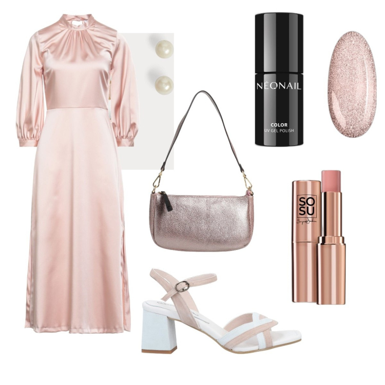 Outfit donna - Sparkling Rosé. Stile Chic per Serata fuori. Abbinamento con vestiti midi/longuette, sandali in pelle, borse a spalla, blush, smalti, orecchini.