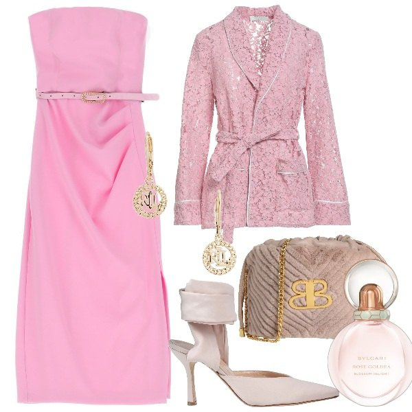 Outfit donna - Rosa confetto. Stile Glamour per Serata fuori. Abbinamento con décolleté, blazer, borse a tracolla, profumi, vestiti corti, orecchini.