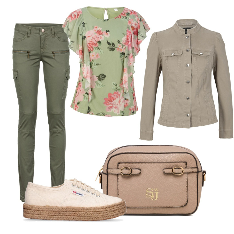Outfit donna - Pratica e in ordine. Stile Casual per Tutti i giorni. Abbinamento con pantaloni cargo, maglieria, blazer, borse a tracolla, sneakers.