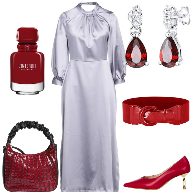 Outfit donna - Rosso di sera. Stile Chic per Serata fuori. Abbinamento con borse a mano, vestiti midi/longuette, profumi, décolleté, orecchini, cinture.
