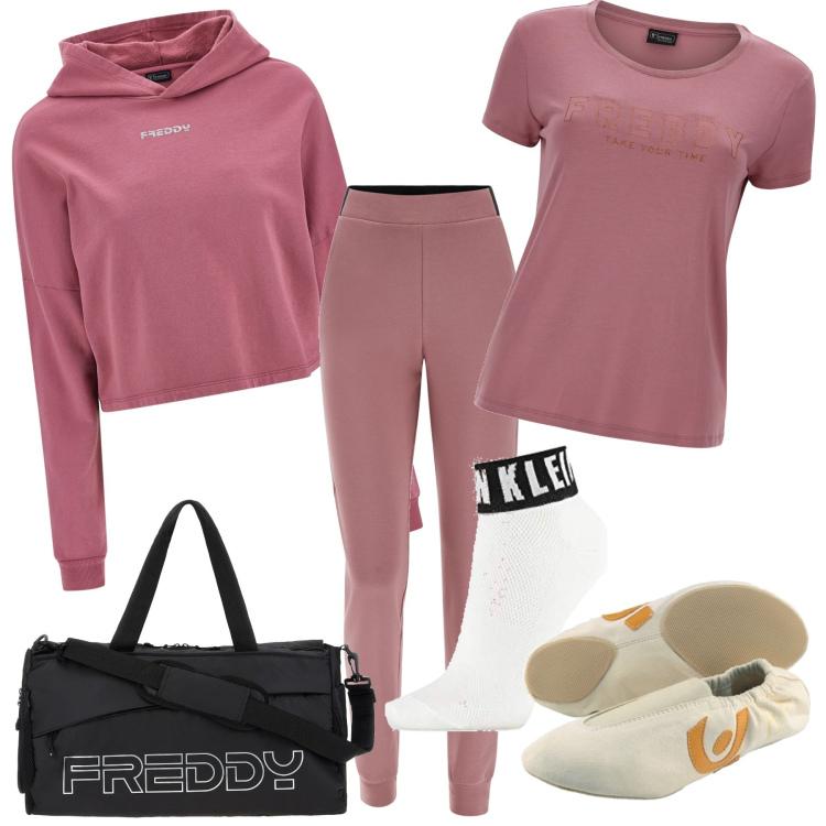 Outfit donna - Corso di yoga. Stile Basic per Sport. Abbinamento con borse sportive, scarpe sportive, pantaloni, felpe con cappuccio, t-shirt, calzini.