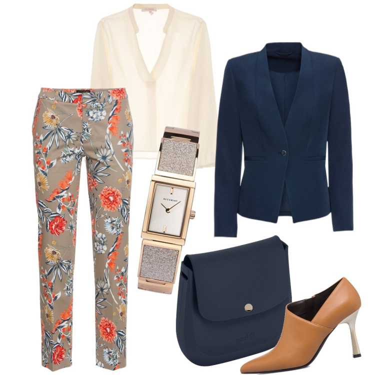 Outfit donna - Stile e classe. Stile Chic per Ufficio. Abbinamento con pantaloni, blazer, camicie, décolleté, borse a spalla, orologi analogici.