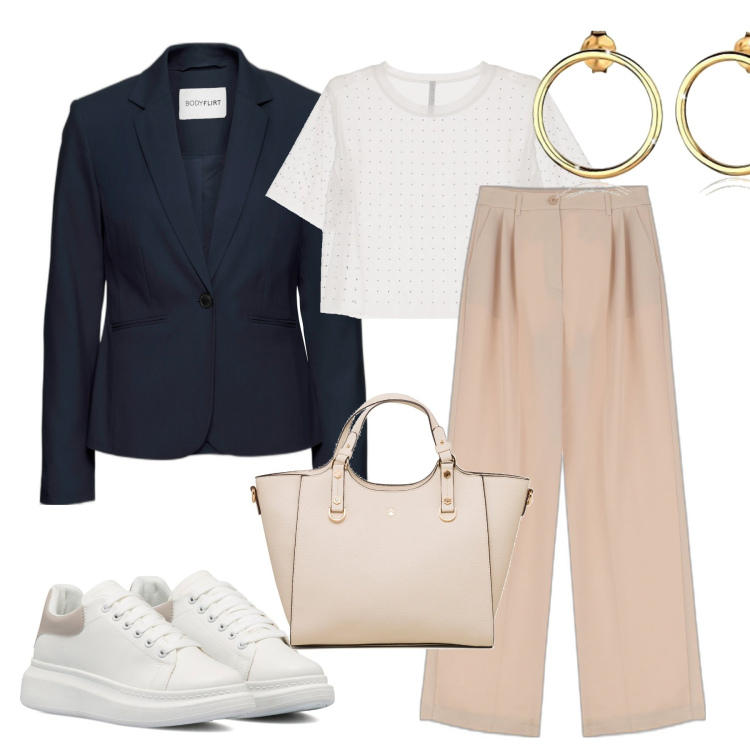 Outfit donna - Settembre. Stile Casual chic per Tutti i giorni. Abbinamento con blazer, pantaloni a palazzo, t-shirt, sneakers, borse a mano, orecchini.