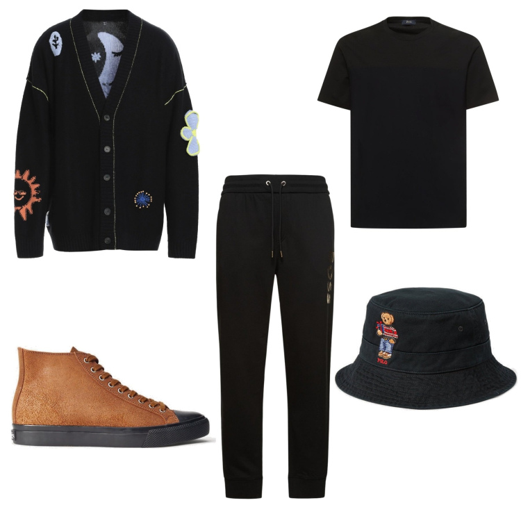 Outfit uomo - Stile informale. Stile Casual per Tutti i giorni. Abbinamento con cardigans, sneakers, cappelli, pantaloni, t-shirt.