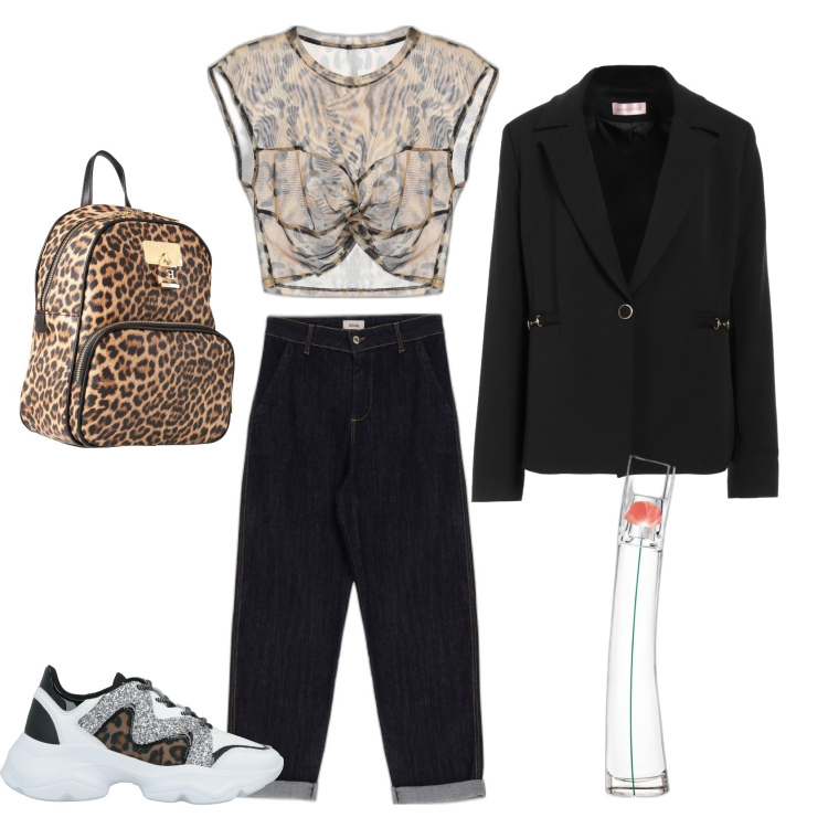 Outfit donna - Kenzo; gift of Attilio. Stile Casual chic per Tutti i giorni. Abbinamento con sneakers, zaini, blazer, profumi, top, jeans.