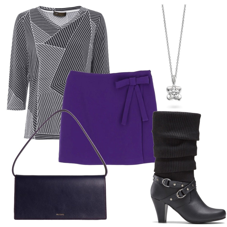 Outfit donna - La blusa geometrica. Stile Bon Ton per Serata fuori. Abbinamento con stivali, maglieria, borse a mano, minigonne, collane.