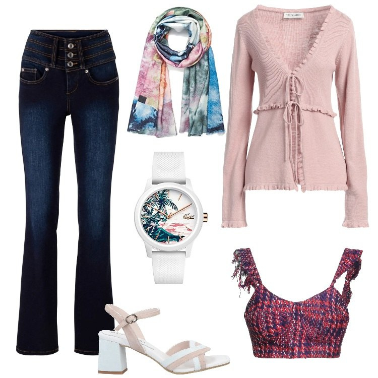 Outfit donna - Rilassato. Stile Trendy per Tutti i giorni. Abbinamento con jeans bootcut, top, cardigans, sandali in pelle, sciarpe, orologi analogici.