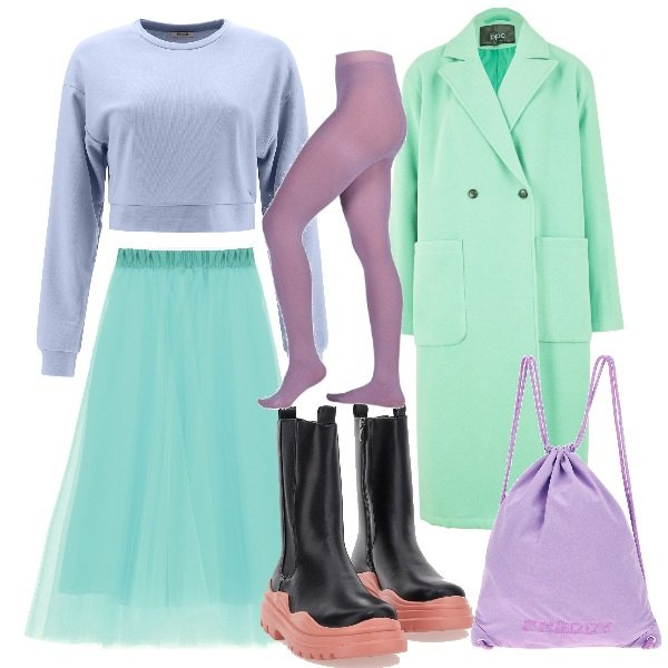 Outfit donna - Cappottino color menta. Stile Trendy per Scuola/Università. Abbinamento con cappotti, gonne longuette, collant, zaini, felpe, stivaletti chelsea.