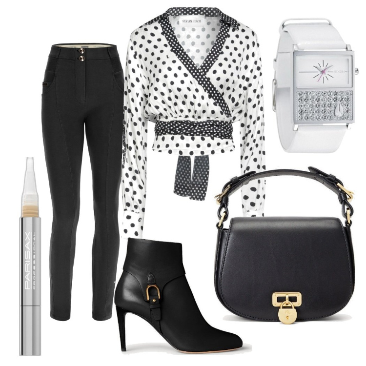 Outfit donna - Si è fatto tardi. Stile Basic per Serata fuori. Abbinamento con camicie, correttori, pantaloni skinny, borse a tracolla, stivaletti, orologi.