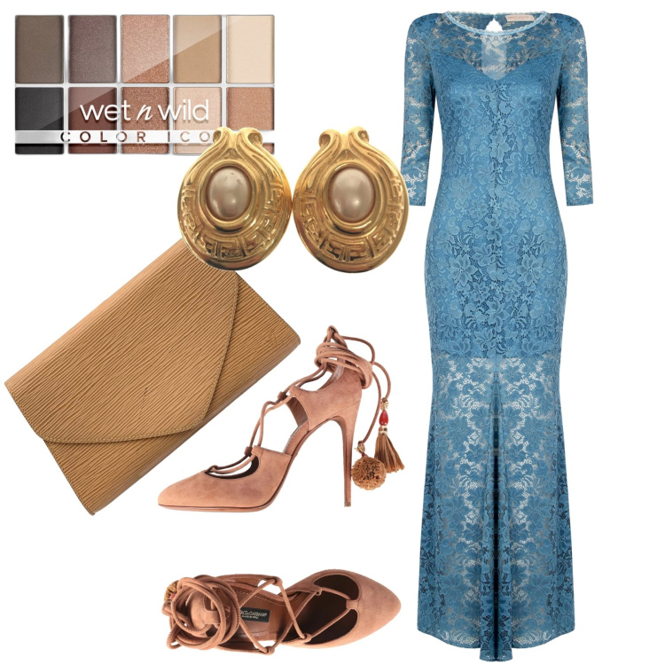 Outfit donna - Azzurro e nude. Stile Chic per Serata fuori. Abbinamento con décolleté, borse a mano, orecchini, ombretti, vestiti lunghi.